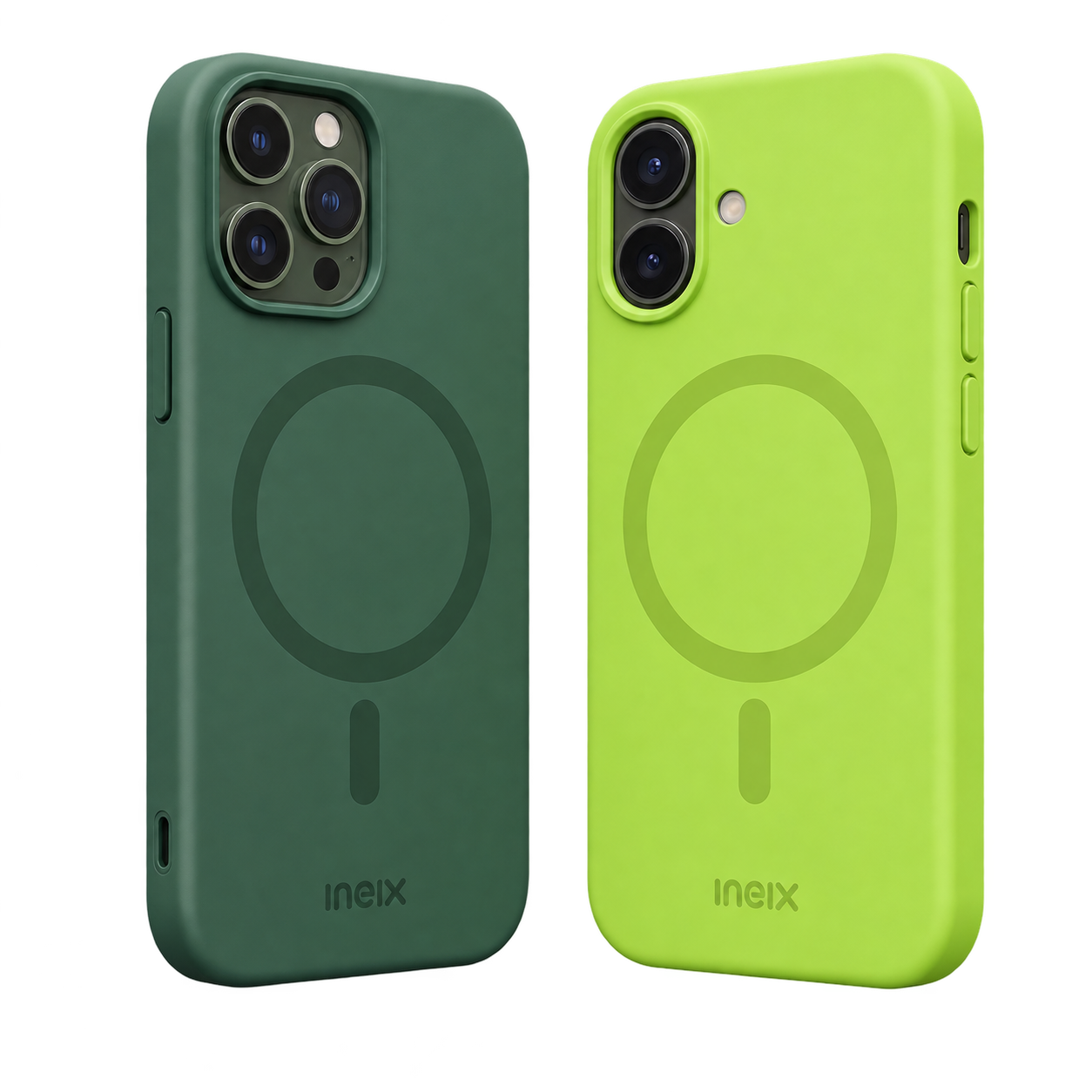 Two premium INEIX phone cases in deep green and lime