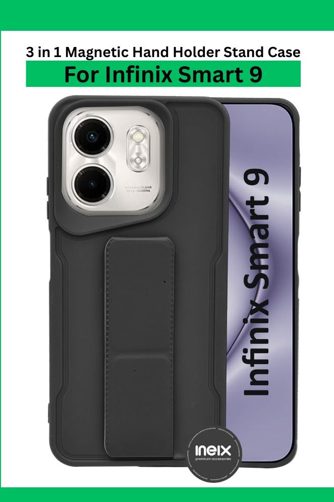 For Infinix Smart 9 - Hard Silicone Magnetic Back Stand Case With Foldable Kickstand & Finger Strap