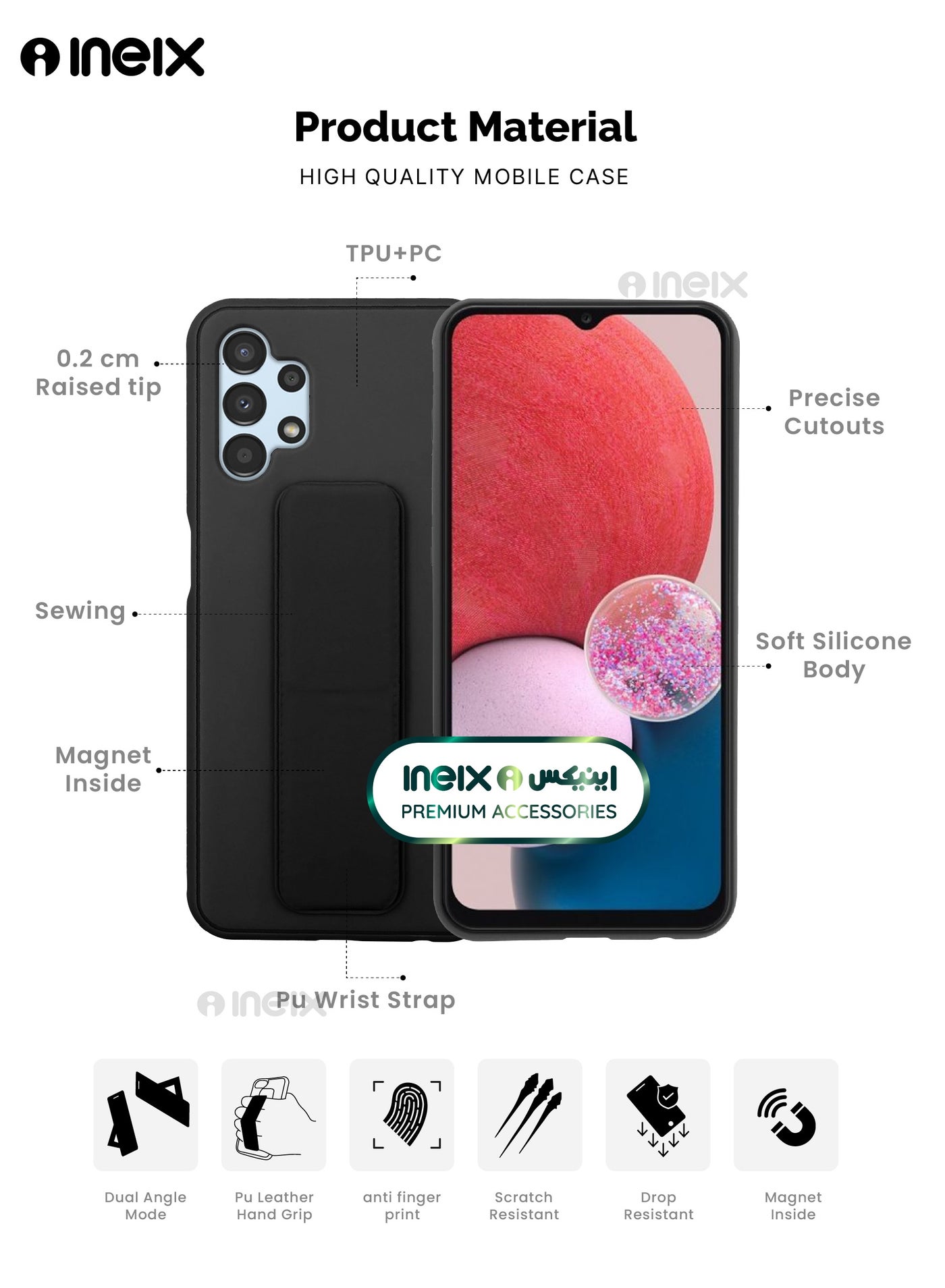 3-in-1 Magnetic Wrist Strap Hand Grip Stand Cover for Samsung Galaxy A13 4G - Image 2