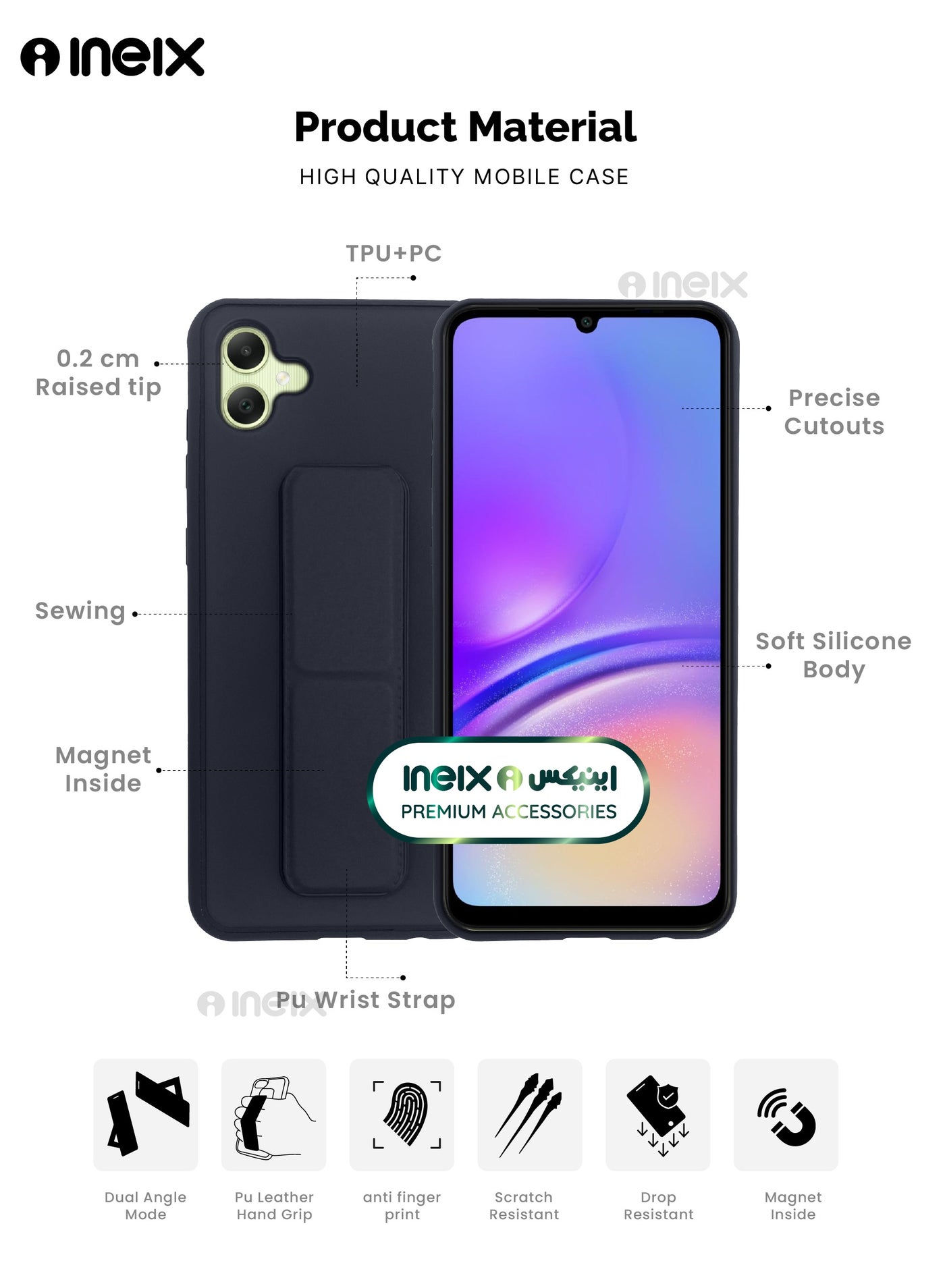3-in-1 Magnetic Wrist Strap Hand Grip Stand Cover for Samsung Galaxy A05 - Image 2