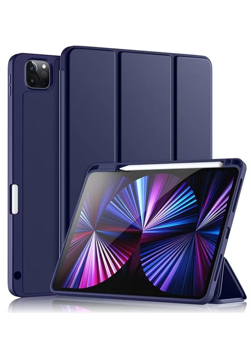 iPad Pro 11 Inch (2024) Case Cover with S Pen Holder, Soft TPU Tri-Fold Stand Protective Tablet Cover, Auto WakeSleep