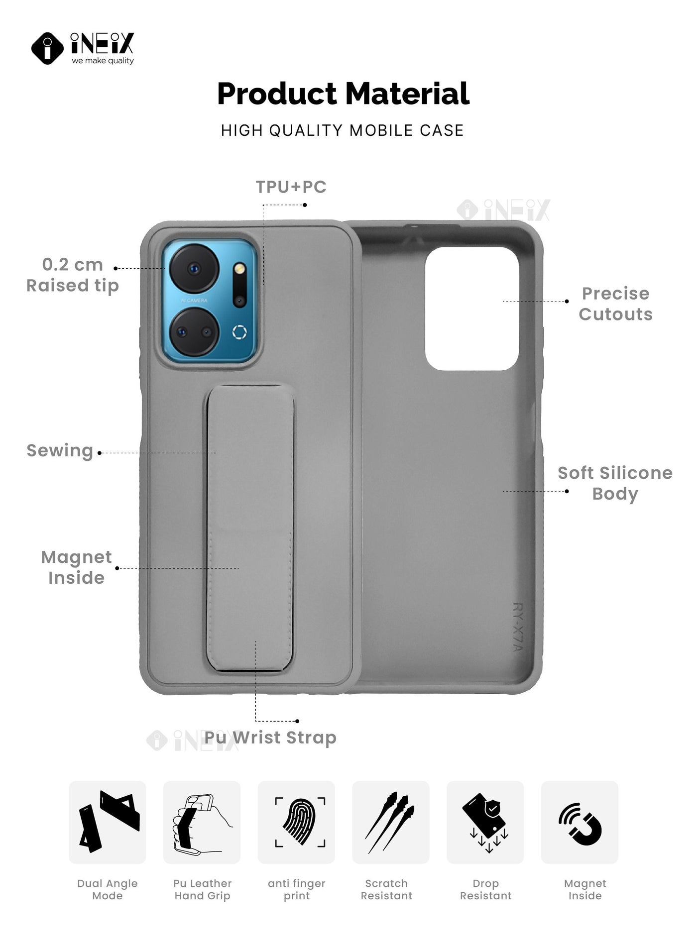 3-in-1 Magnetic Wrist Strap Hand Grip with Stand Case Cover for Honor X7a-Gray - Image 2