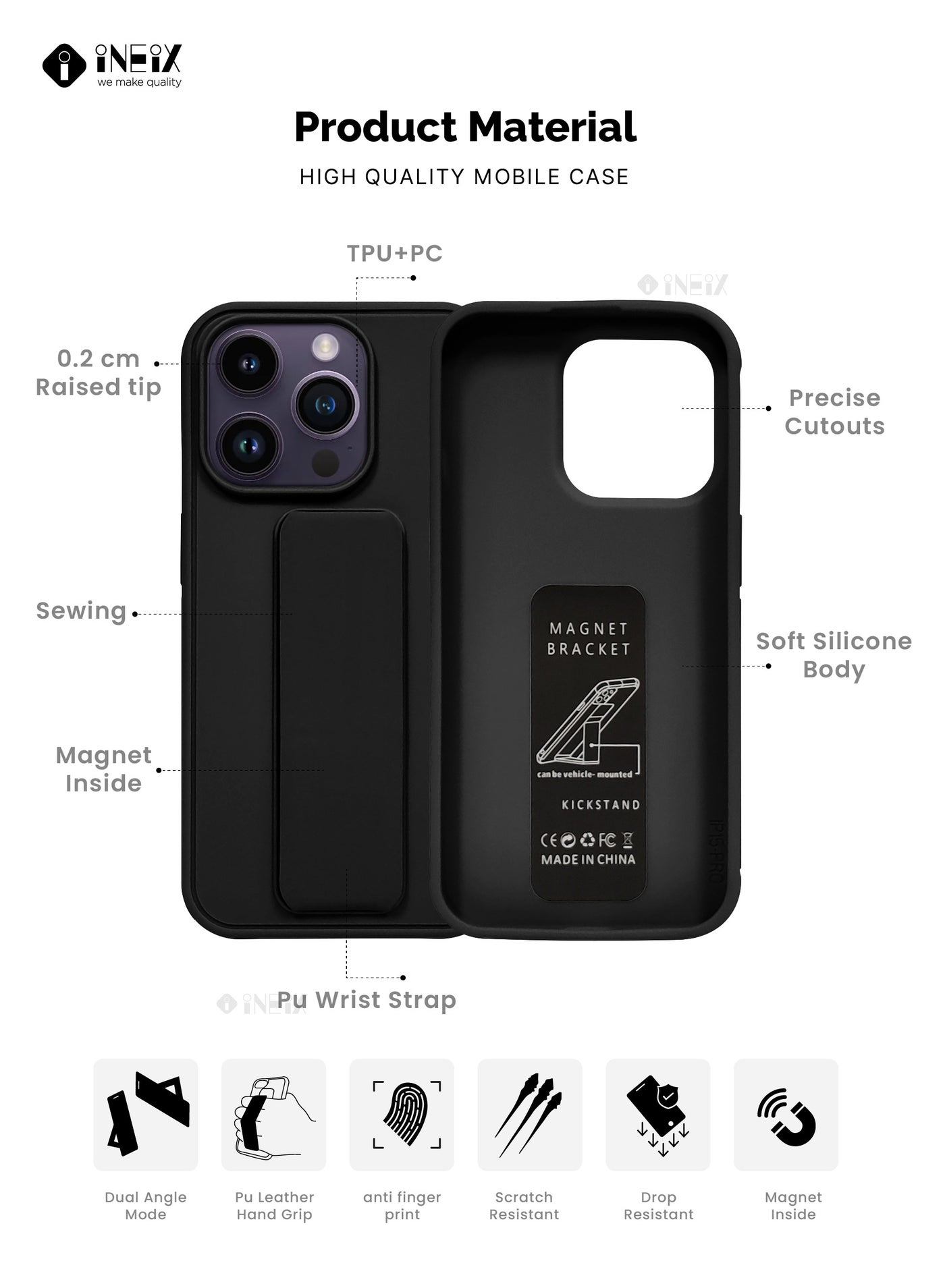 3-in-1 Magnetic Wrist Strap Hand Grip Stand Cover for iPhone 15 Pro - Image 2